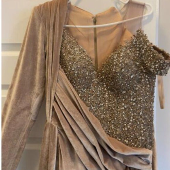 Valdrin Sahiti Gold Velvet Dress with Hand Stitched Beaded Corset (size 12) - Picture 1 of 5